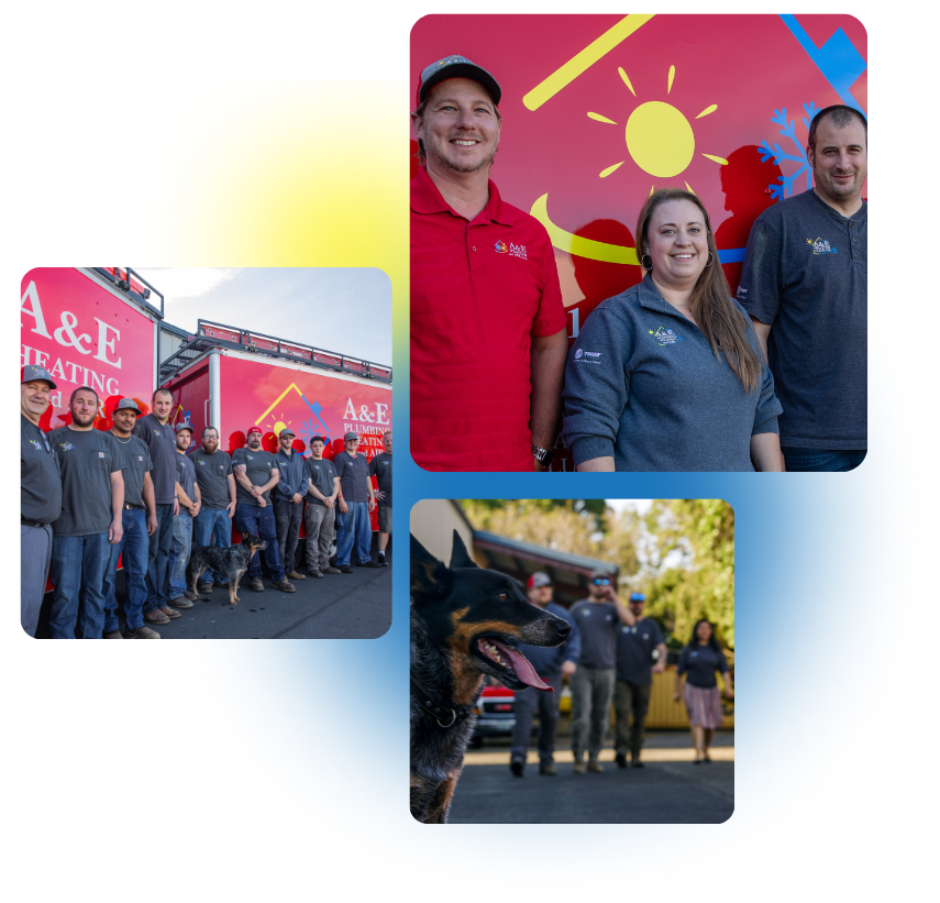 3 photos of A&E Plumbing, Heating and Air employees and managers are stacked together. 