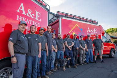 Most of the HVAC and plumbing crew of A&E stand in front of two red company vans, accompanied by the company pup.