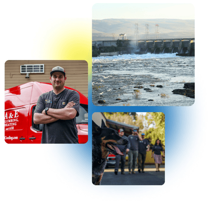 3 images of A&E employees and The Dalles Dam are stacked with a yellow and blue gradient background.