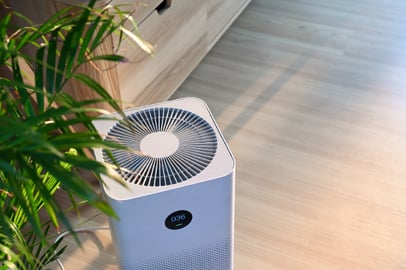 An indoor air purifier sits next to a flourishing green houseplant, indicating pristine indoor air quality.