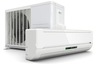 With a white background, two units of a split air conditioning system sit next to one another.