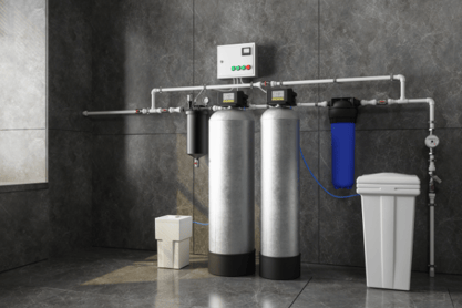 A Whole-House Water Filtration System in a residential basement.