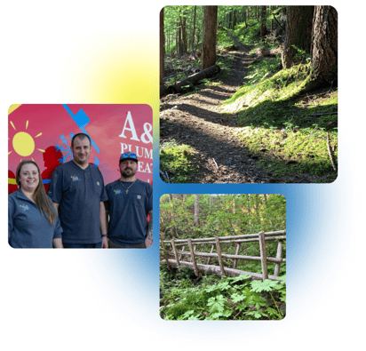 3 images of A&E employees and Carson, WA are stacked with a yellow and blue gradient background.