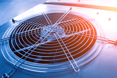 A vent to an HVAC unit takes up the primary focus of this shot, contrasted by oranges and blues to indicate cooling and heating prowess.