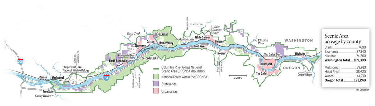 A map of the Columbia River Gorge's protected scenic area.