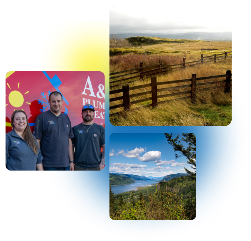 3 images of A&E employees and Dallesport, WA are stacked with a yellow and blue gradient background.