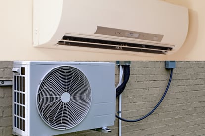 An indoor ductless mini split sits above an image of the outdoor component of this HVAC system.