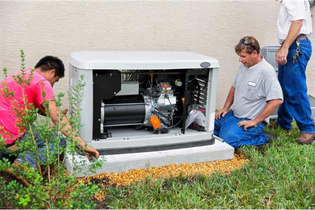 3 HVAC professionals gather around a whole-house generator during the installation process.