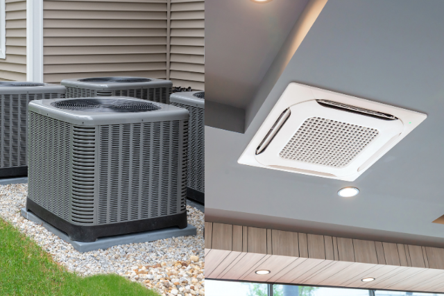 Side-by-side images of indoor and outdoor HVAC central air units.