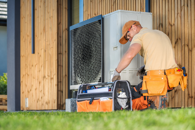 An HVAC technician works on an outdoor HVAC unit, his hand reaching into his tool bag.