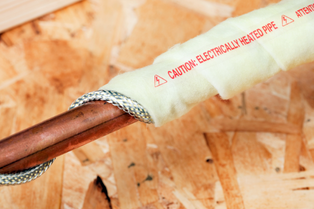 Heat cable wrapped around a copper pipe.