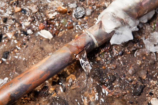 A partially frozen pipe leaks water from a burst section.