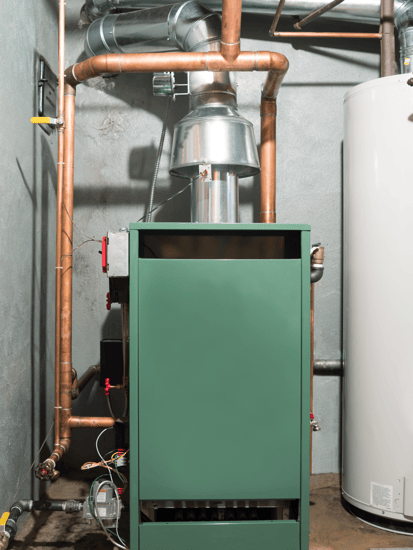 A green furnace HVAC system for a home.