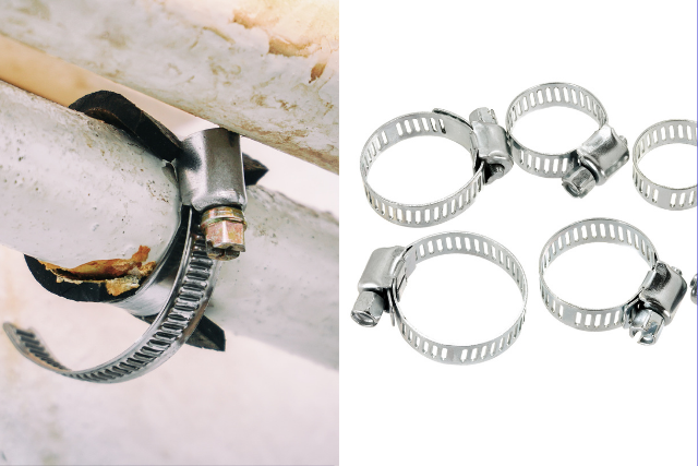 Two images of pipe clamps side-by-side to show their effectiveness with home plumbing emergencies.