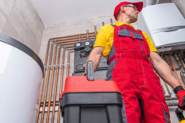 A man in red overalls carries a toolbox of residential HVAC repair tools.