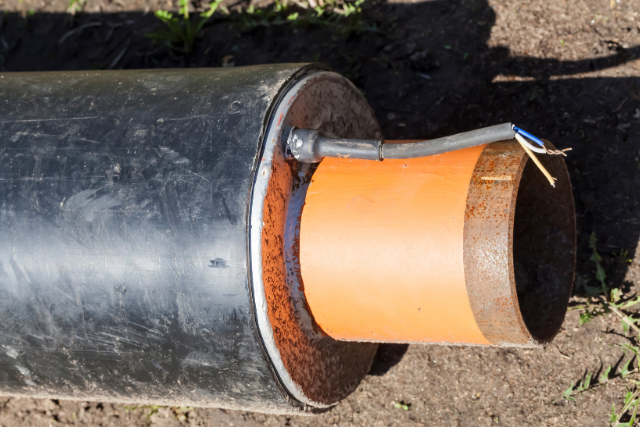 A pipe is encased in rubber insulation.