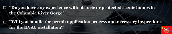 An infographic with 2 questions to ask an HVAC pro about the Columbia Gorge Scenic Act