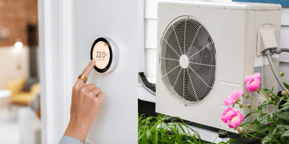 A person adjusts a smart thermostat on the left while a heat pump is the photo on the right.