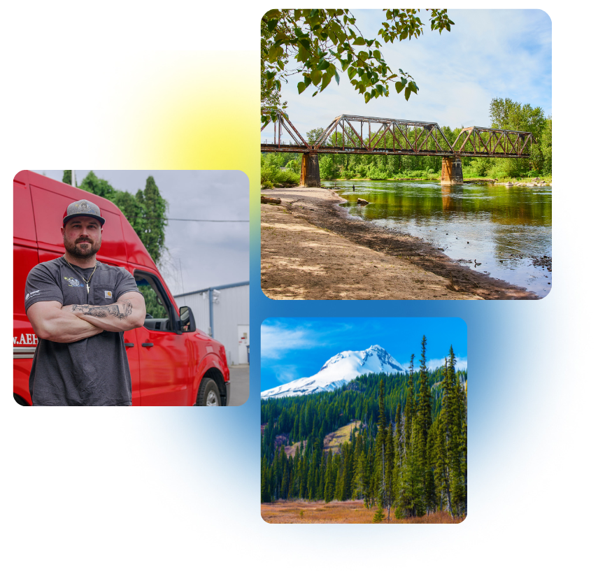 3 photos of Troutdale, OR and A&E Plumbing, Heating and Air employees are stacked together. 