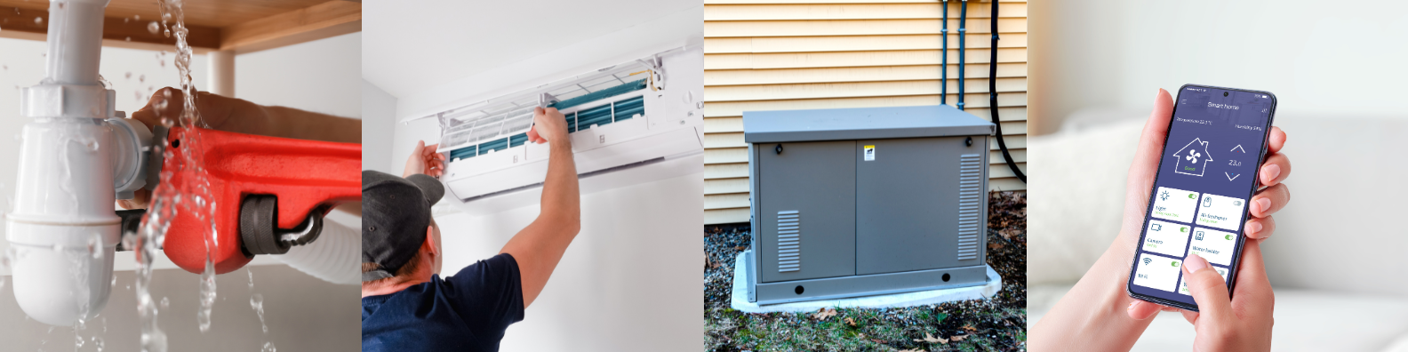 A plumber, HVAC technician, whole-home generator, and live monitoring images sit side-by-side.