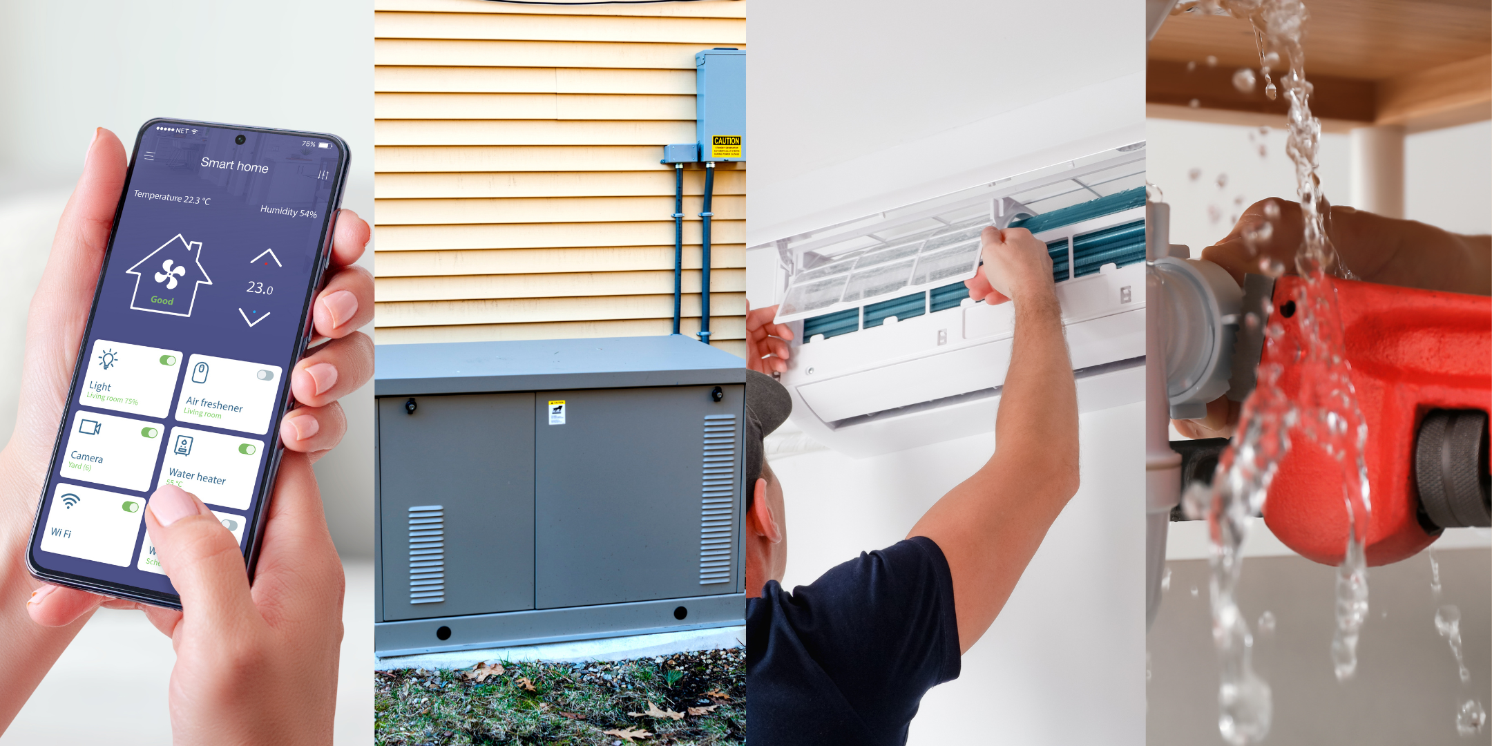 A plumber, HVAC technician, whole-home generator, and live monitoring images sit side-by-side.