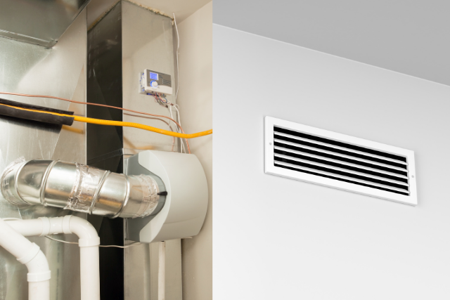 Two images of a wall vent and a whole-house humidifier show how these units work with your existing HVAC system.