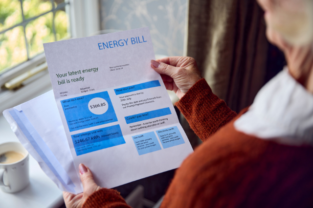 An elderly woman inspects her monthly utility bill and sees how much higher it is, likely due to faulty HVAC.